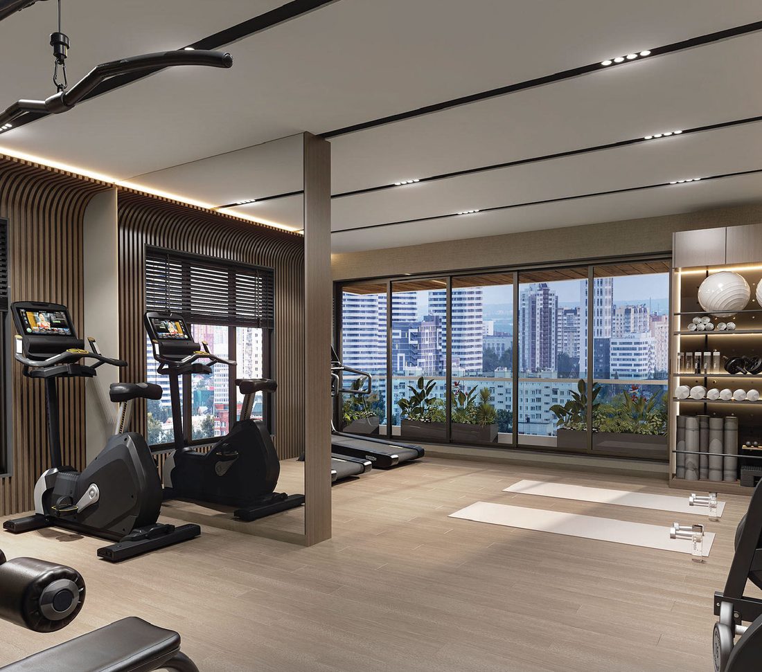Residents gymnasium with equipment and city view