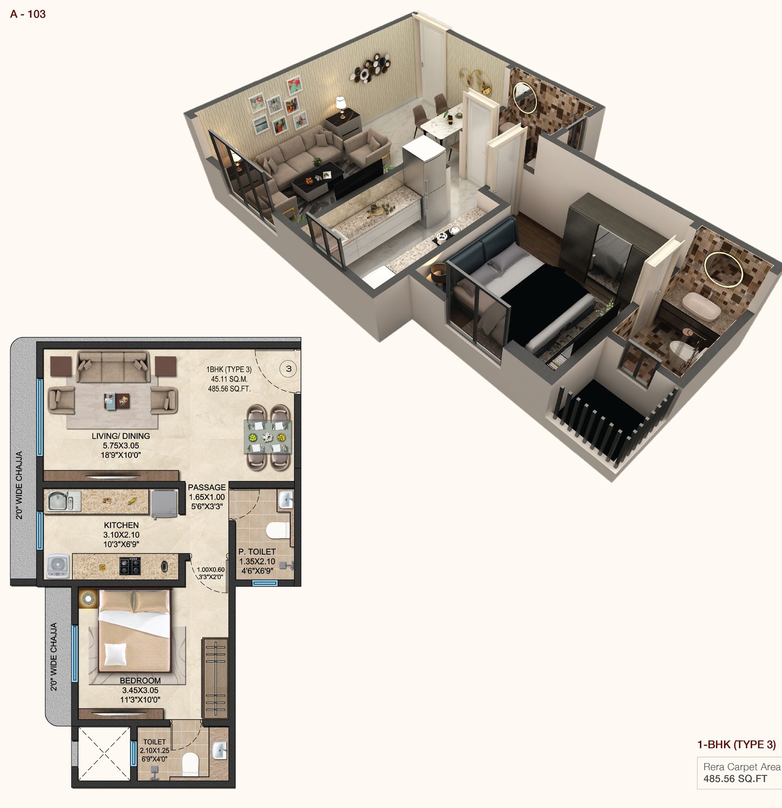 1 BHK apartment plan with an isometric cutaway view
